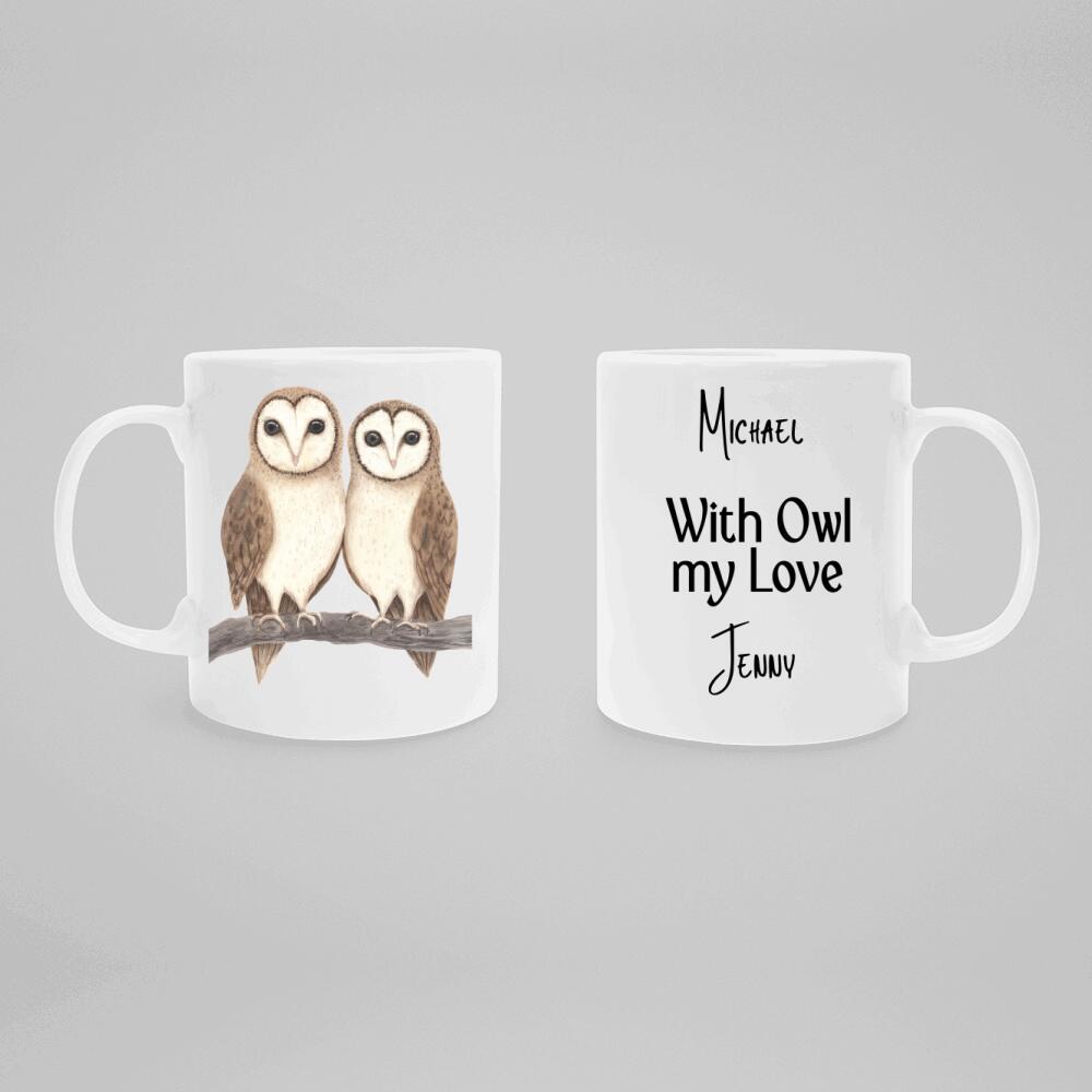 Personalized White Mug - With Owl my Love - 2 Barn Owls