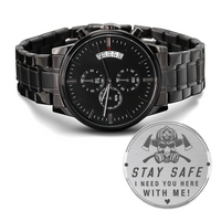 Load image into Gallery viewer, Engraved Black Chronograph Watch - Stay Safe - Gift for Firefighter
