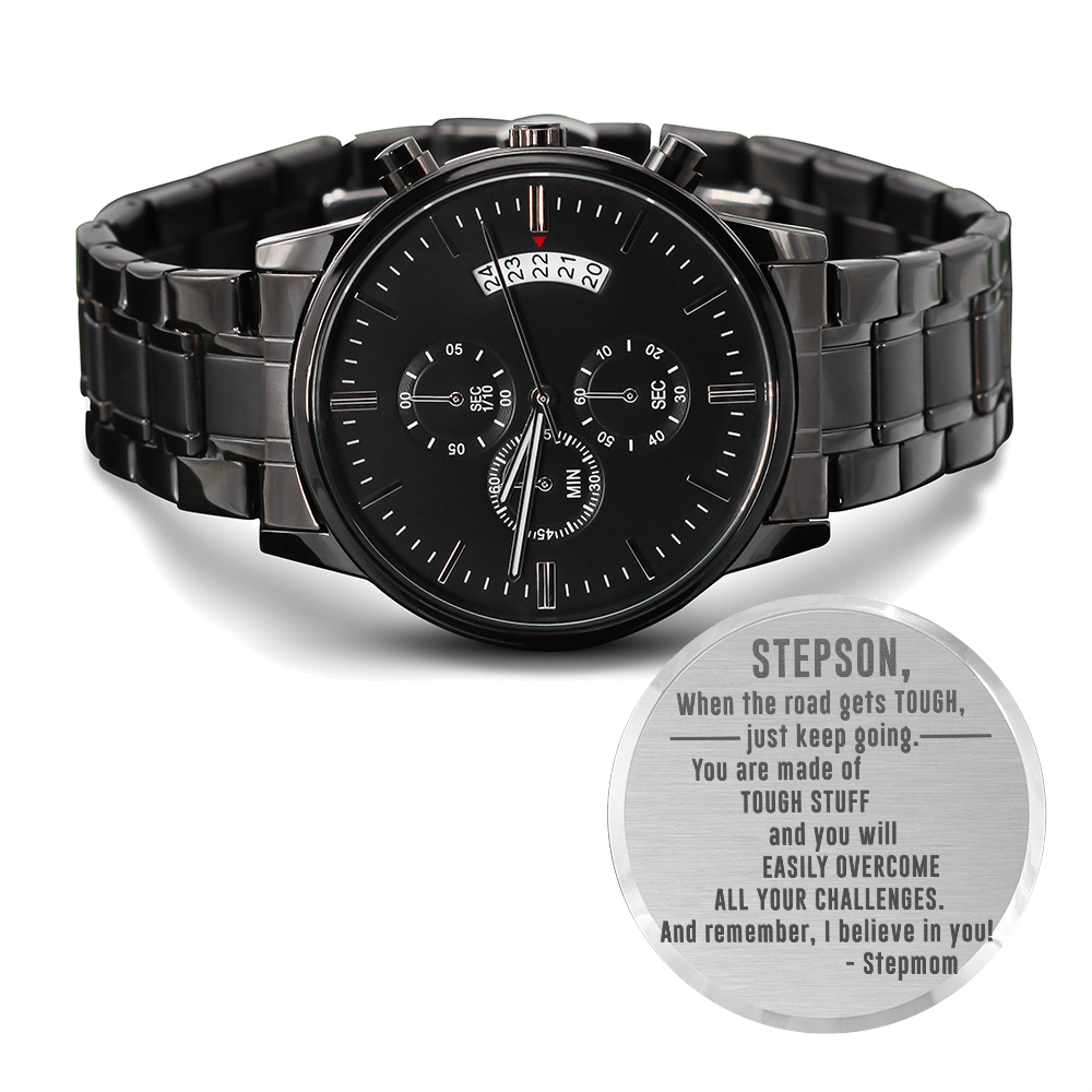 Engraved Black Chronograph Watch - I believe in You - Gift for Stepson from Stepmom