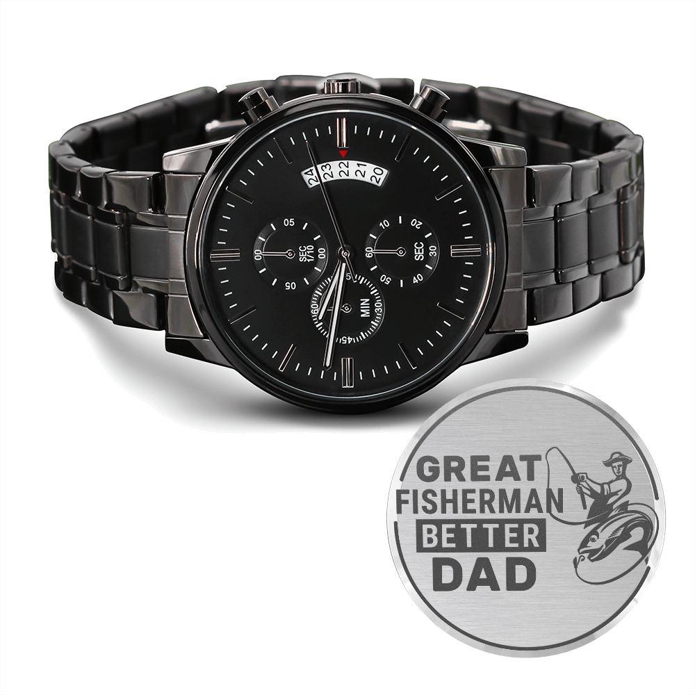 Engraved Black Chronograph Watch - Great Fisherman - Gift for Dad