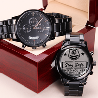 Load image into Gallery viewer, Engraved Black Chronograph Watch - Stay Safe - Gift for Policemen

